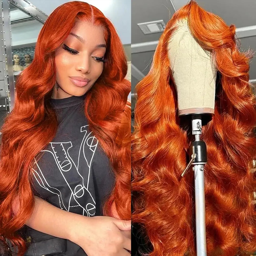 Perruque Lace Front Wig Remy naturelle Body Wave, cheveux humains, Orange gingembre, 36 pouces, 13x6, HD, densité 180%, pre-plucked