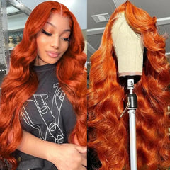 Perruque Lace Front Wig Remy naturelle Body Wave, cheveux humains, Orange gingembre, 36 pouces, 13x6, HD, densité 180%, pre-plucked