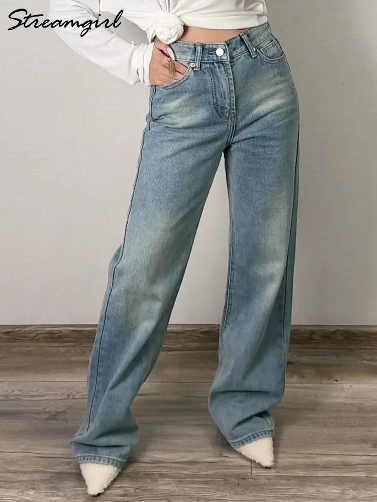 Jean bleu femmes taille haute 2025 ample décontracté petit ami jean Long pour le travail dames Simple jambe droite Denim pantalon pour les femmes