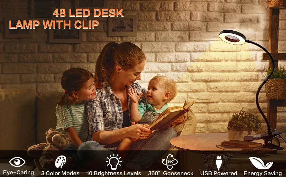 48 LED lampe de bureau Clip USB livre lumière chevet 360 °   Protection oculaire flexible, lampe de lecture à col de cygne, luminosité réglable, niveau 3