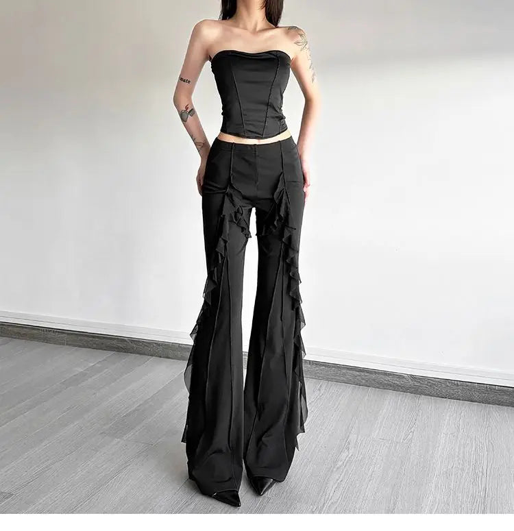 Women's high-waisted bootcut trousers, retro style, ruffled seams, with a sense of design, slimming trousers