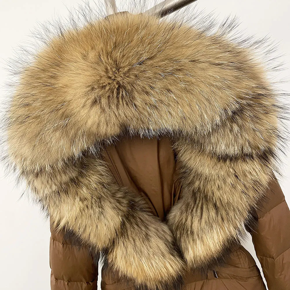 OFTBUY 2024 veste d'hiver femmes naturel réel raton laveur col de fourrure de renard à capuche blanc canard vers le bas manteau ceinture épais chaud vêtements d'extérieur décontractés