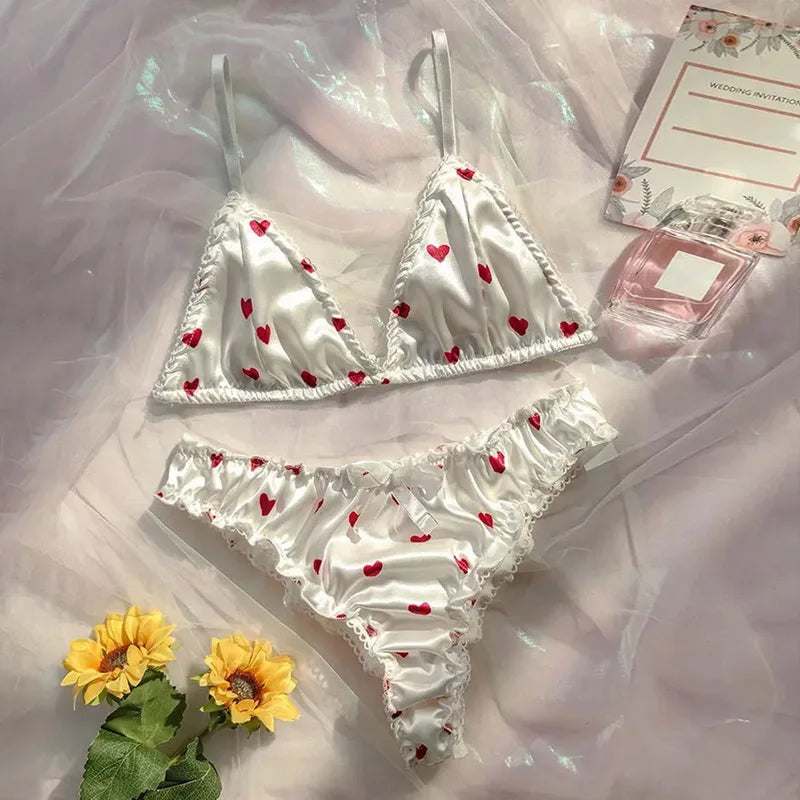 Ensemble de soutien-gorge Sexy en Satin imprimé cœur pour filles et femmes, Lingerie d'été sans fil, sous-vêtements deux pièces, ensemble de soutien-gorge féminin