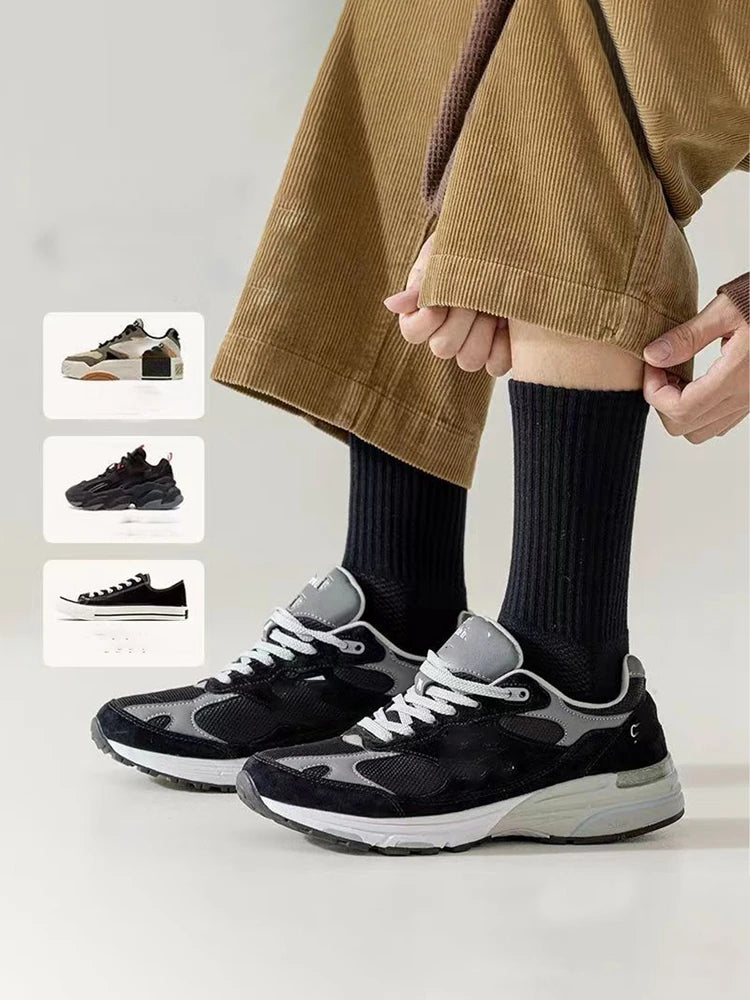 3 pairs of mid-calf sports socks with towel soles for all seasons, solid color, deodorizing, sweat-absorbing and breathable; black mid-calf socks, shock-absorbing and heel-protecting.