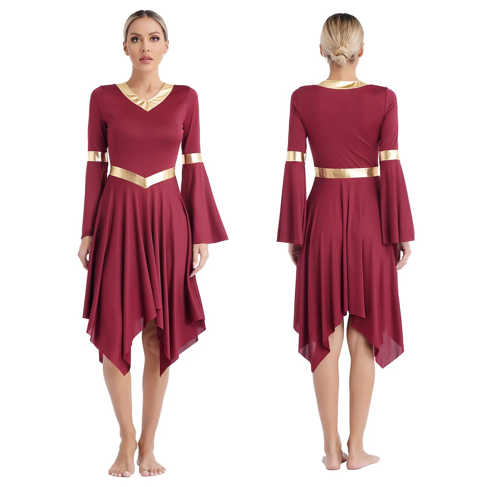 Robe de danse lyrique à manches longues pour femmes, robe à ourlet irrégulier, costume de spectacle liturgique, vêtements de danse modernes, culte de la chorale d'église