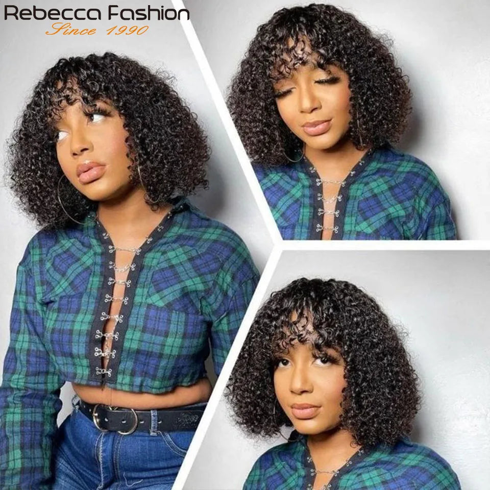 Perruques de cheveux humains Pixie Cut Bob avec frange pour femme, perruque pleine machine bouclée, surbrillance, couleur blond miel, court, caution