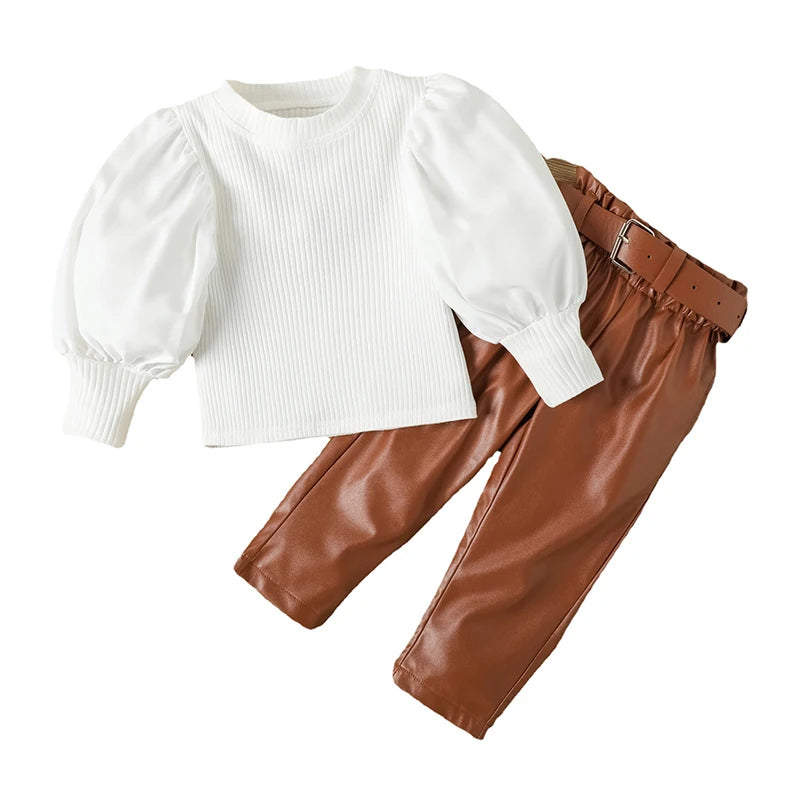Ensemble de vêtements pour enfants filles, chemisier côtelé à manches longues bouffantes + pantalon en cuir PU avec ceinture, 2 pièces pour vêtements pour filles, taille 1 2 3 4 5 6
