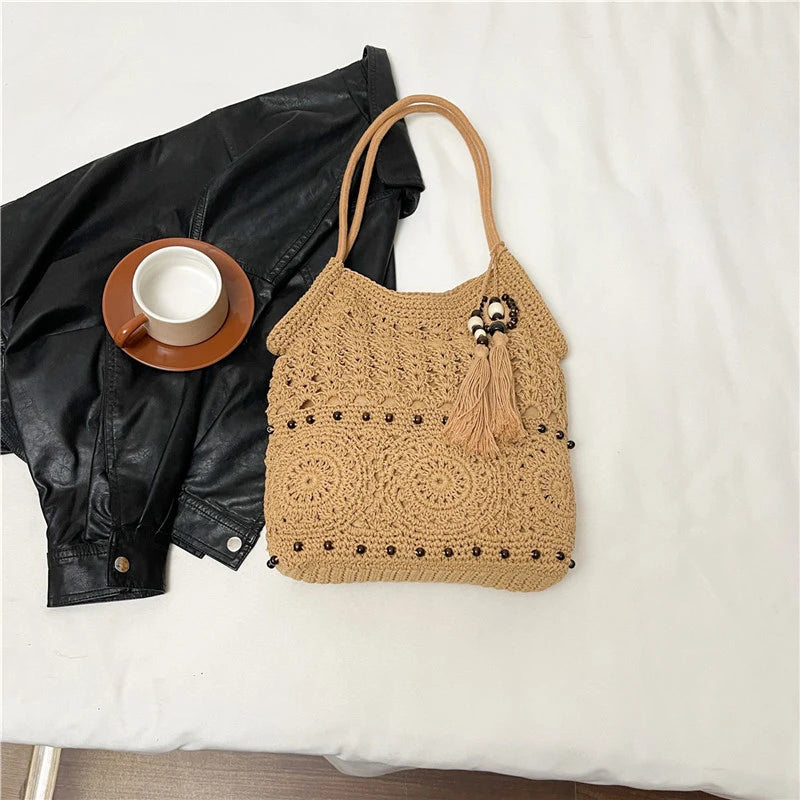 Sac à main tissé de grande capacité, sac à bandoulière ajouré, fourre-tout en Crochet, fourre-tout bohème tissé pour femmes, sacs de Shopping tricotés