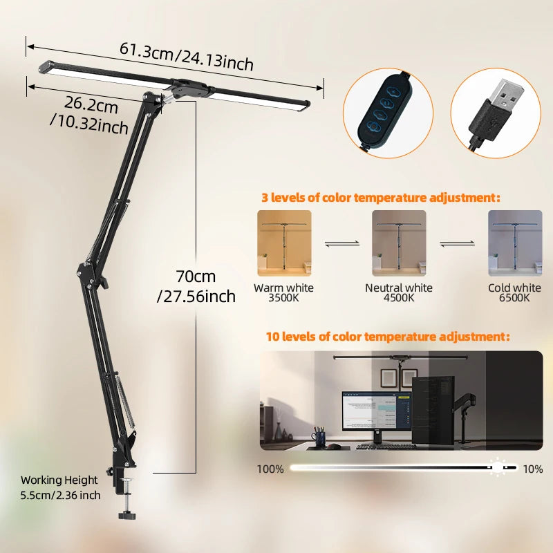 Lampes de bureau LED à double tête, lumière de moniteur d'ordinateur à intensité variable en continu, lampe de table USB pour étude de bureau, luminaire de lecture  lumiere bureau  lampe ecran ordinateur