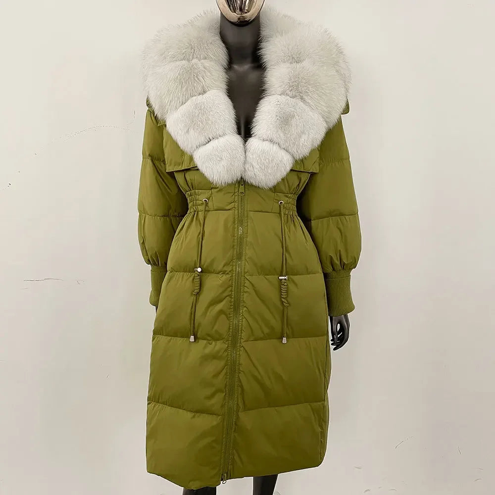 Doudoune longue avec col en fourrure pour femme, pardessus en fourrure de renard, longueur aux genoux, à la mode, chaude, cintrée à la taille, vêtements d'extérieur amincissants