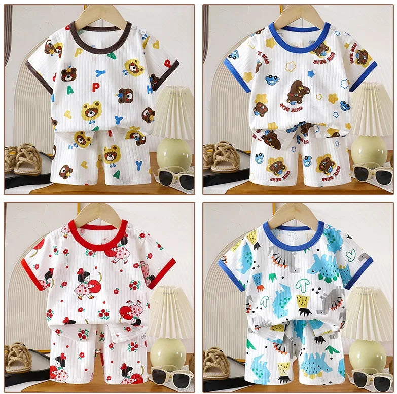 Ensemble de vêtements d'été en pur coton pour enfants, t-shirt à manches courtes avec Short, dessin animé mignon, pyjama décontracté pour bébés en bas âge