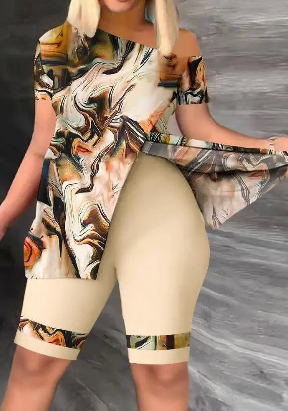 Ensemble deux pièces pour femmes, haut à manches courtes et ourlet fendu, col oblique, décontracté, ensemble 03/shorts, mode été 2023