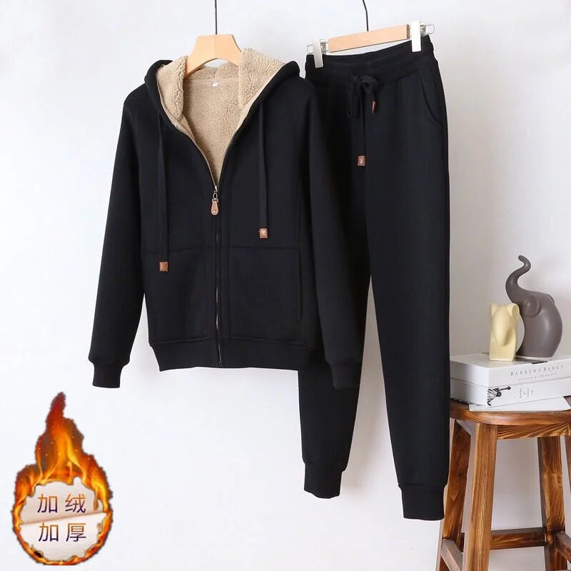 Ensemble sweat-shirt et pantalon de survêtement pour femme, sweats à capuche décontractés, manteau épais, sourire imbibé, sport, automne, hiver, 2 pièces, fj2 pièces