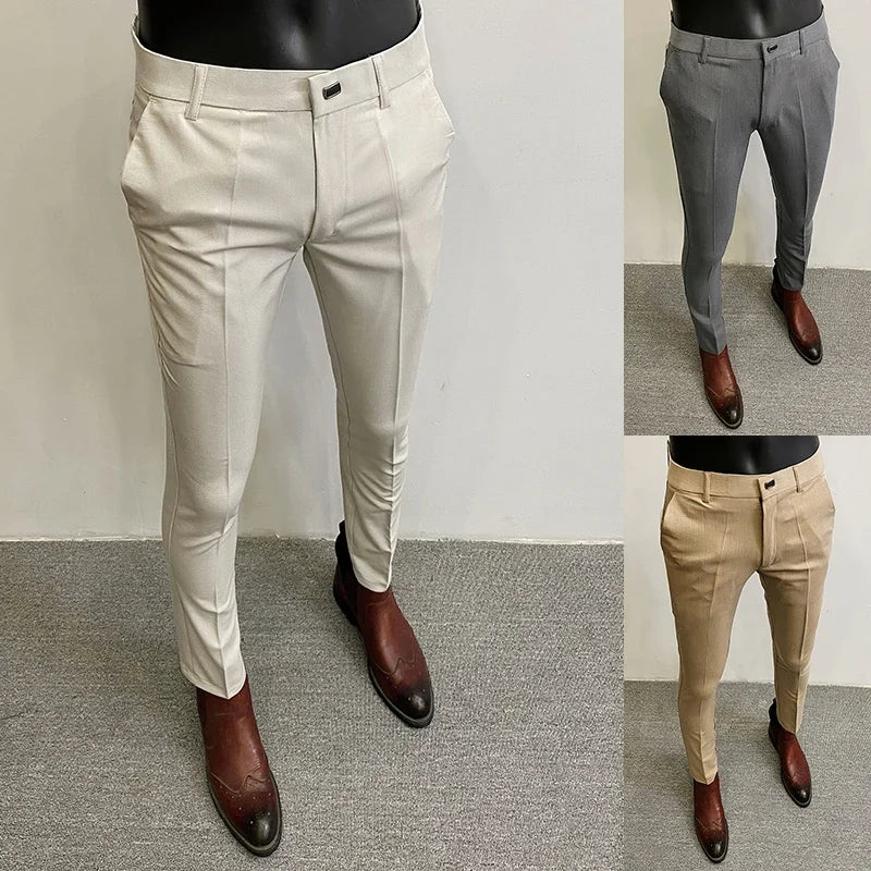 Men's Suit Formal Trousers, Men's Stretch Slim Fit Solid Color Casual Outfit Full Length Trousers, Fashion New Men's Clothing