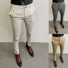 Men's Suit Formal Trousers, Men's Stretch Slim Fit Solid Color Casual Outfit Full Length Trousers, Fashion New Men's Clothing