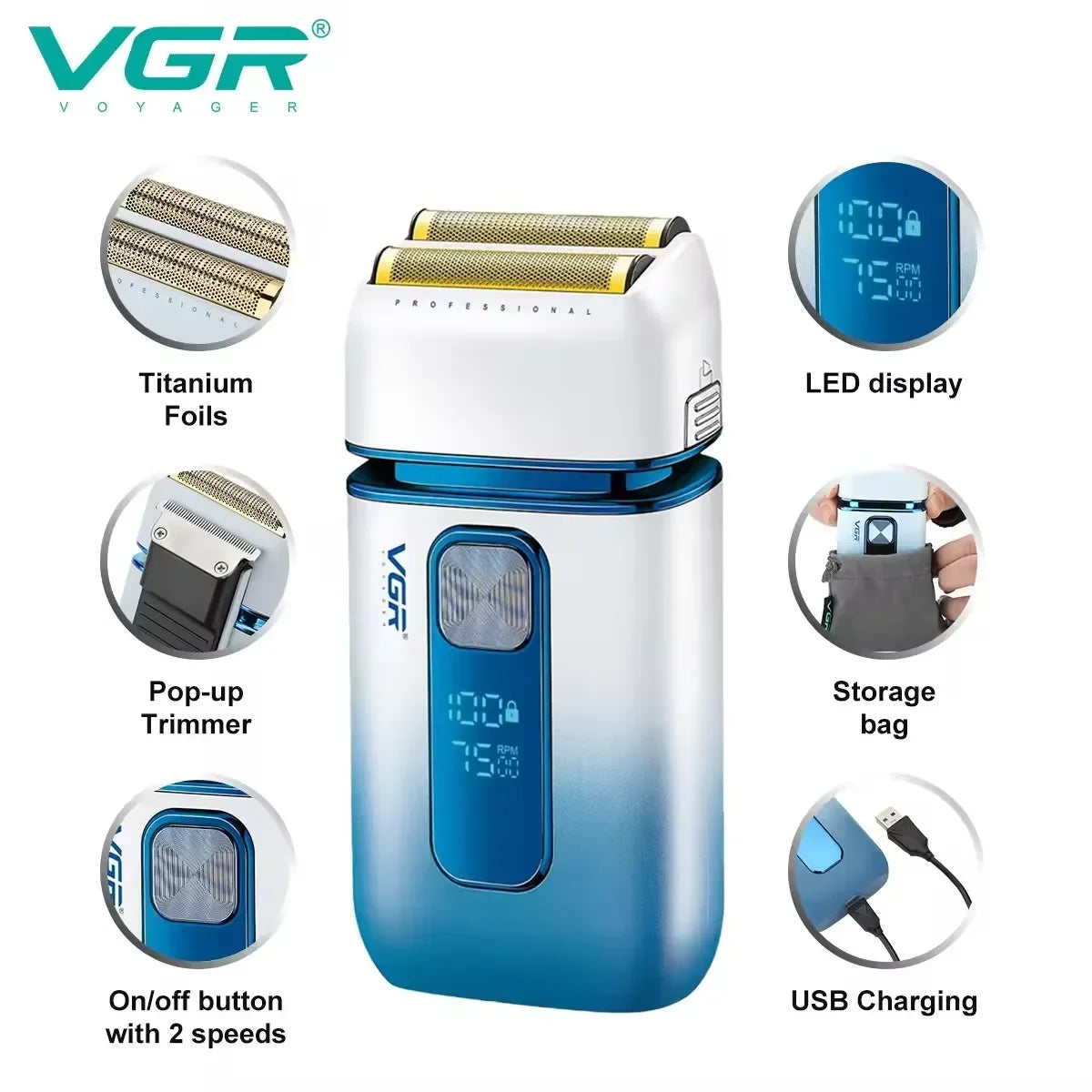 VGR professionnel cheveux barbe rasoir électrique pour hommes USB Rechargeable lavable électrique rasoir chauve tête Machine à raser