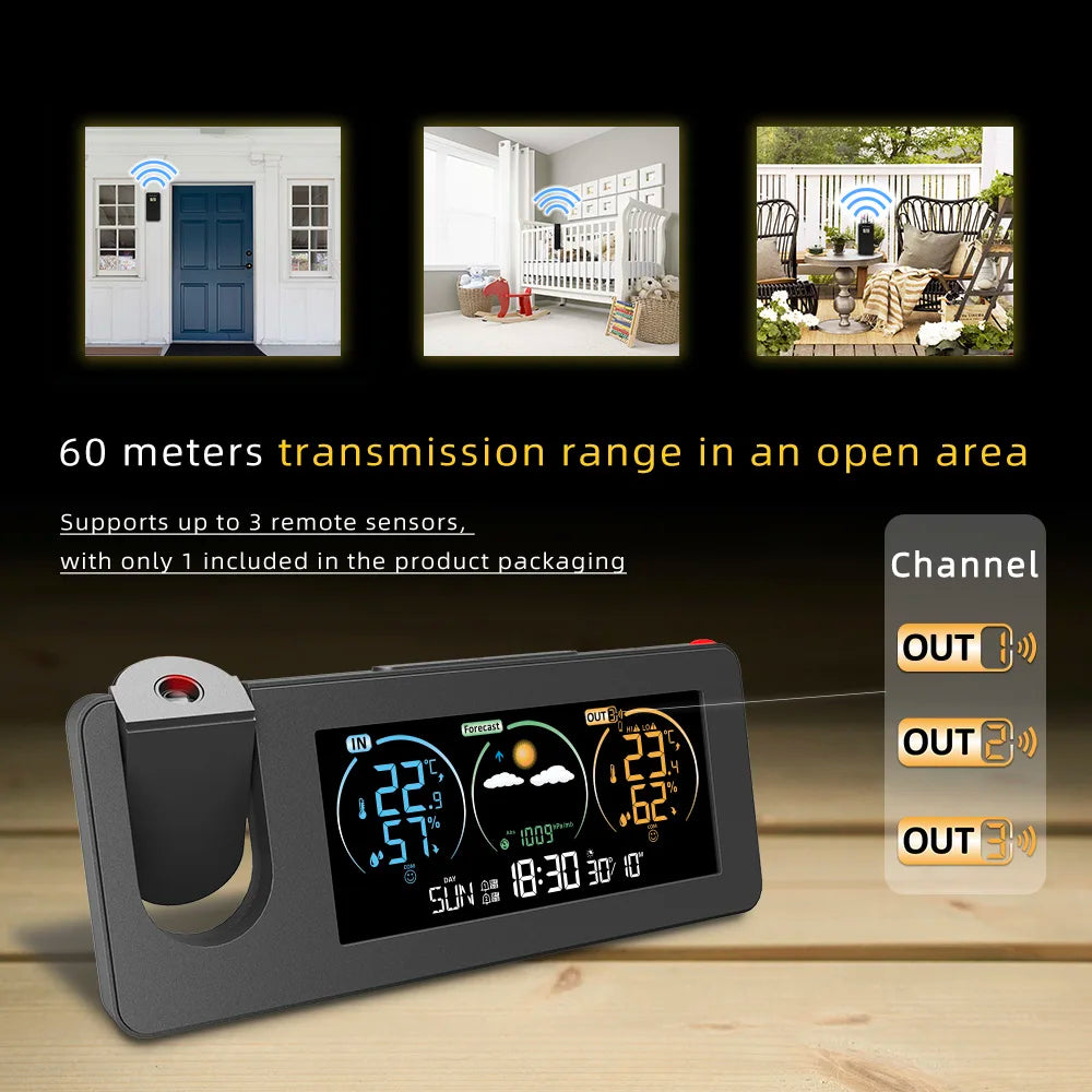 Station météo extérieure/intérieure, thermomètre, Projection électronique, prévisions météorologiques, température et humidité, réveil numérique