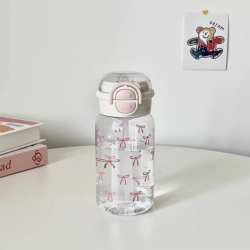 Nouveau Bouteille d'eau en paille à rabat avec nœud rose anti-fuite, tasse en plastique réutilisable, sport voyage pique-nique, verres portables avec couvercle sans BPA