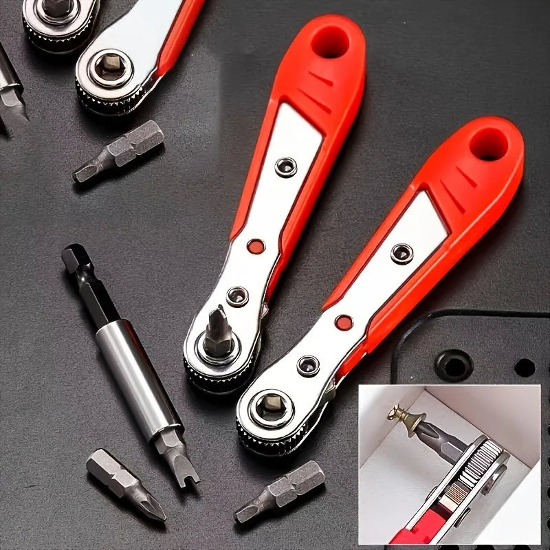 Steel screwdriver with forward/reverse ratchet, right-angle tool for tight spaces, motorcycle and car repair kit