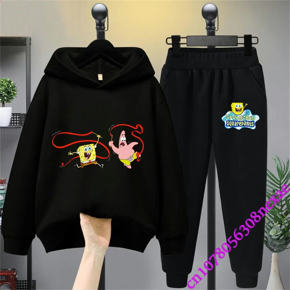 Spongebob-Pull imprimé dessin animé pour enfants, vêtements pour garçons et filles, imbibé, printemps et automne, Sportif, fjedly, 2 pièces