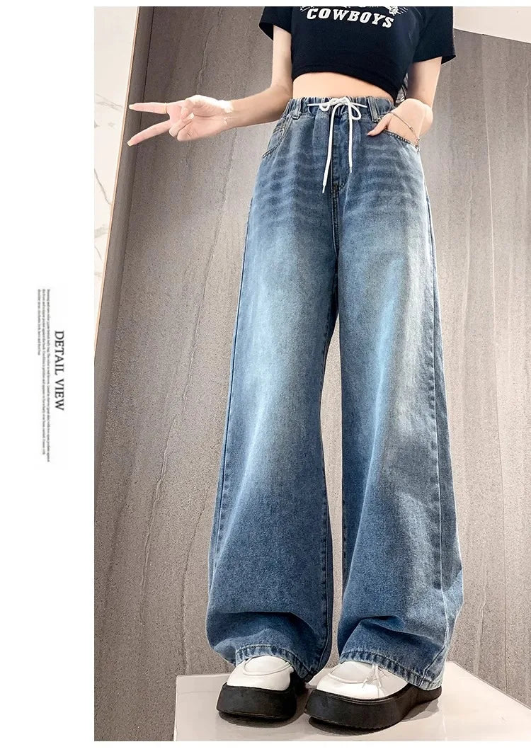 Jean ample à jambes larges, taille haute, bleu clair, grande taille, taille élastique, pantalon Dstring, pantalon Long amincissant