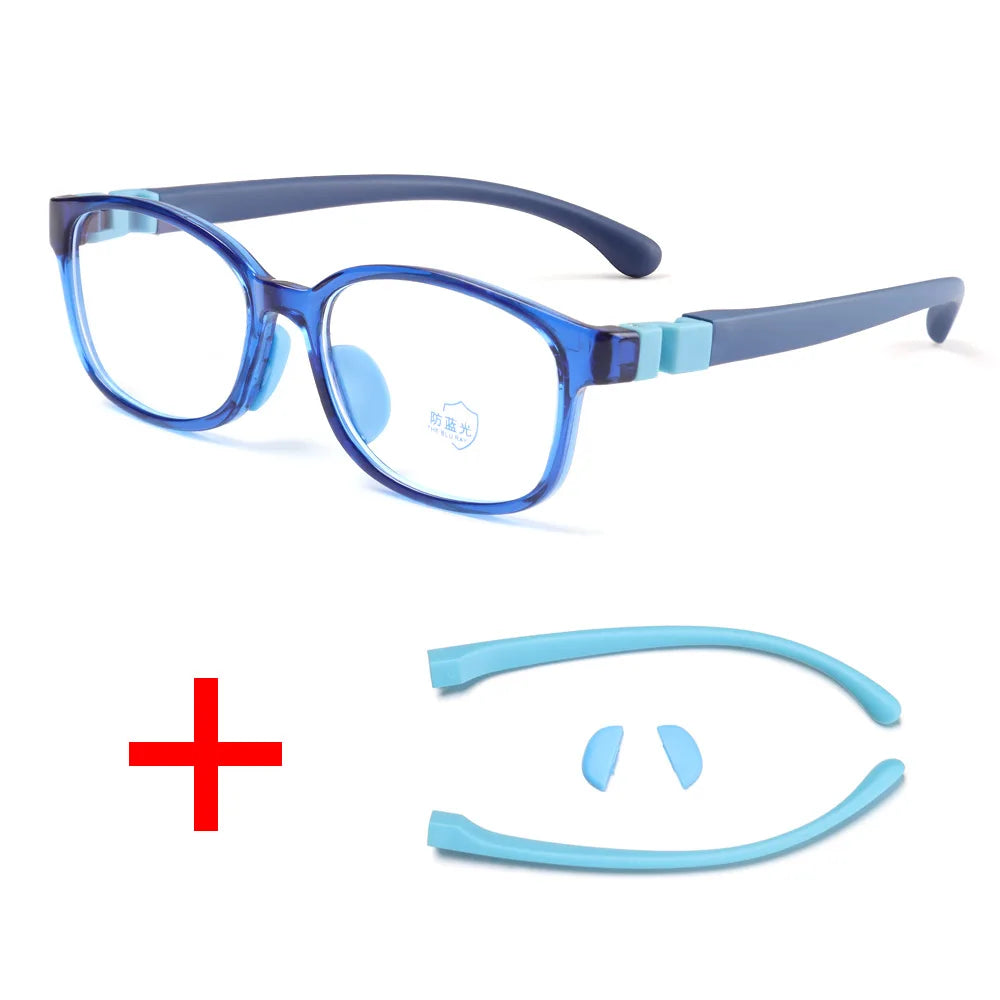 Children's blue light blocking glasses, silicone, for boys and girls, for computer use, ultra-lightweight, square, transparent