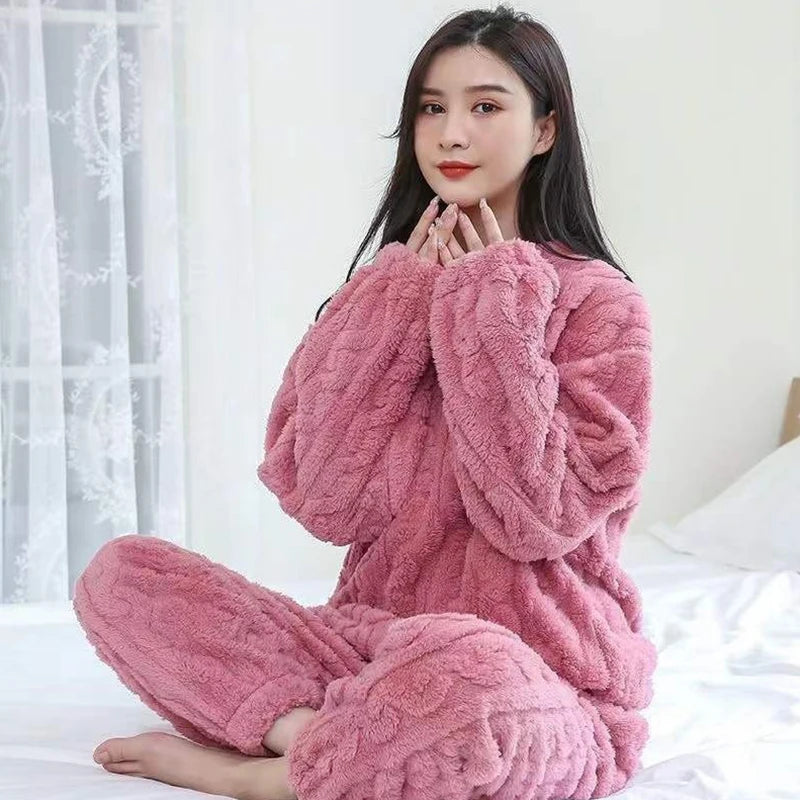 Women's warm, thick velvet pajama set, sweater and pants, bedding sets, warm, smiling, monochrome, casual, autumn, 2 pieces
