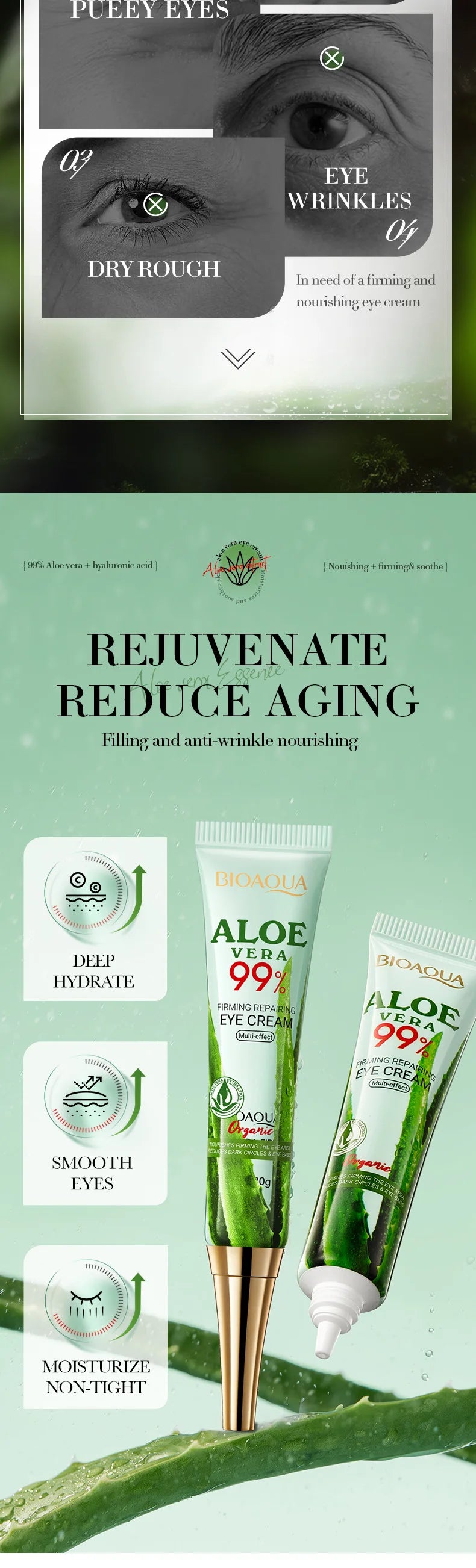 2 pièces/kit BIOAQUA Aloe Vera ensembles de soins de la peau crème pour les yeux du visage hydratant raffermissant crèmes à l'aloe vera ensemble de soins de la peau du visage