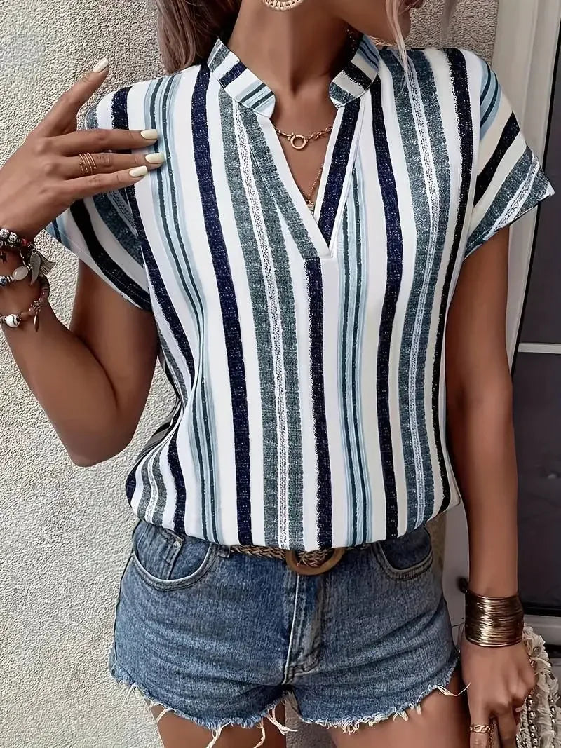 Hauts pour femmes Blouses nouveau 2025 été décontracté mode rayé imprimé col en v à manches courtes chemise élégante femmes dessus de chemise Streetwear