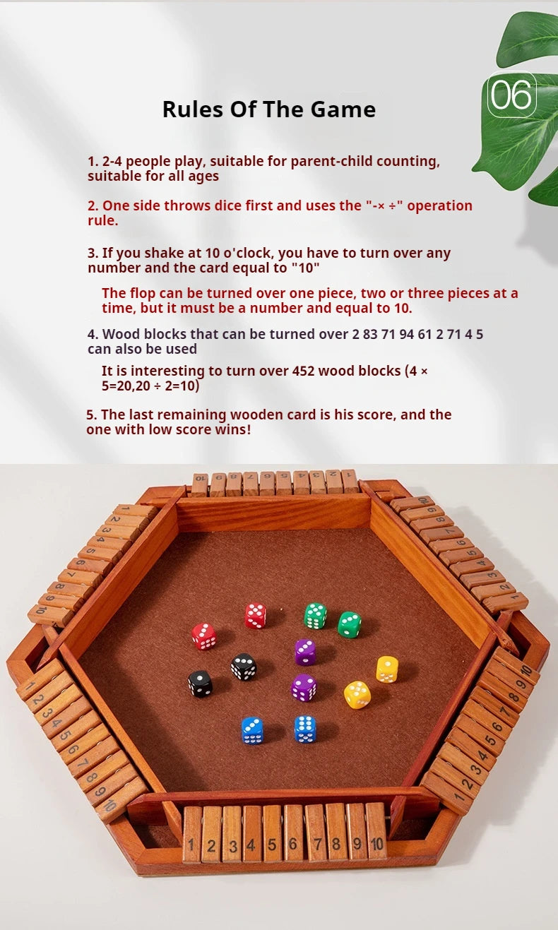 Six-sided flipping game, wooden number game, dice game in a box - parent-child board game, bar party game, leisure game