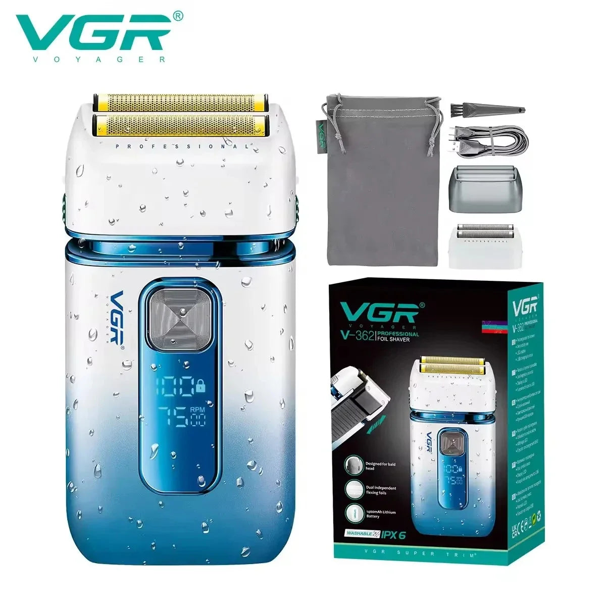 VGR professionnel cheveux barbe rasoir électrique pour hommes USB Rechargeable lavable électrique rasoir chauve tête Machine à raser