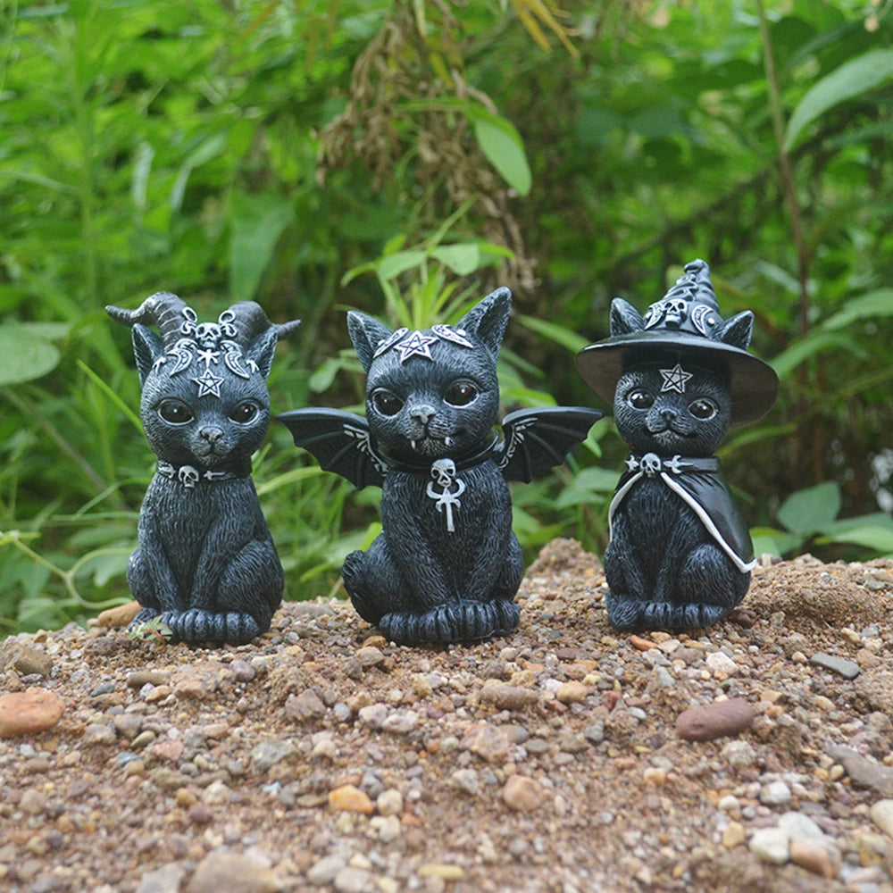 Figurine décorative d'halloween, Sculpture de chat sorcière de jardin, Statue de chaton gothique, chat magique noir, hibou, ornement de magicien, Miniature mignonne