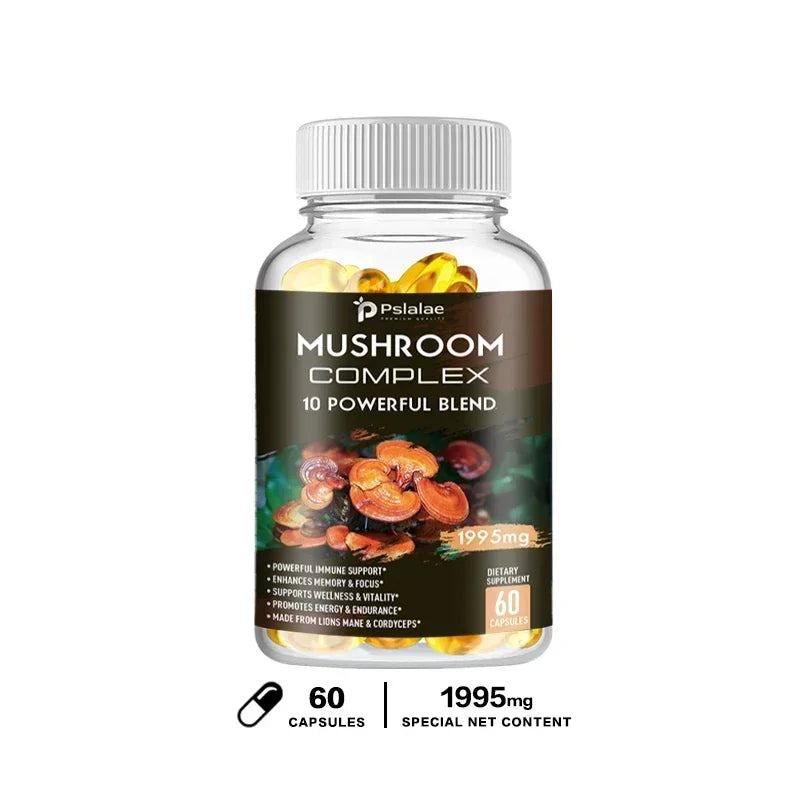 Capsules complexes de champignons - Cordyceps Reishi, immunité, stress, énergie, clarté mentale et soutien de la concentration - Supplément cérébral