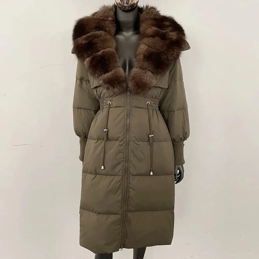 Doudoune longue avec col en fourrure pour femme, pardessus en fourrure de renard, longueur aux genoux, à la mode, chaude, cintrée à la taille, vêtements d'extérieur amincissants