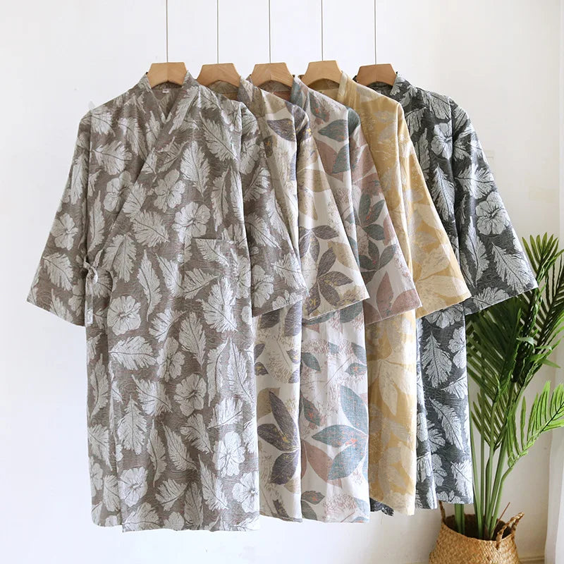 Peignoir en coton pour hommes, nouveau Style, couleur assortie, grande taille, vêtements de maison, pyjama Yukata, printemps et automne 2024