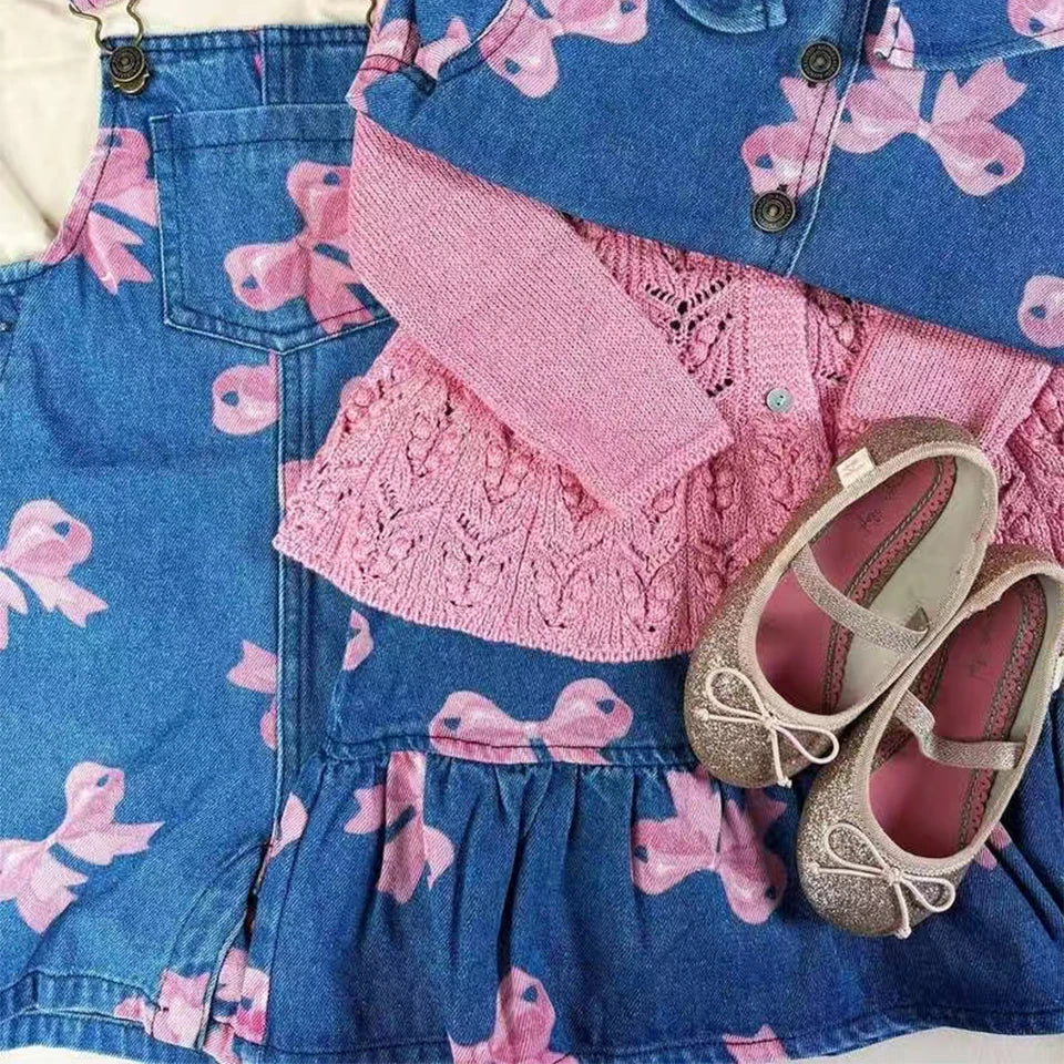 Robe imprimée mignonne pour filles, ensemble de vêtements pour tout-petits, veste à bretelles en jean, robes à enfiler en denim pour enfants, pantalons en jean combiné, marque KS, 2024