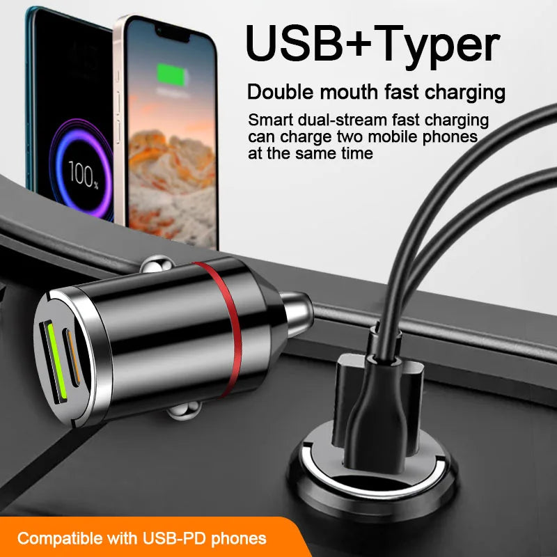 Smart car charger with mini rib ring, USB + PD port, GNE charger, PD30W