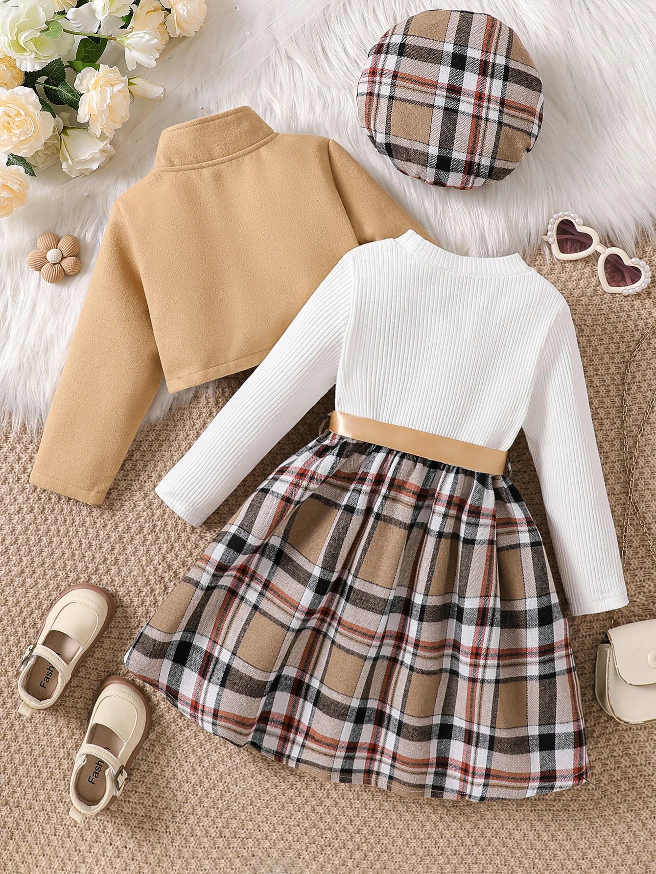 Ensemble de vêtements pour petites filles de 1 à 6 ans, robe à carreaux à manches longues avec veste + béret, ensemble de vêtements à la mode, automne-hiver