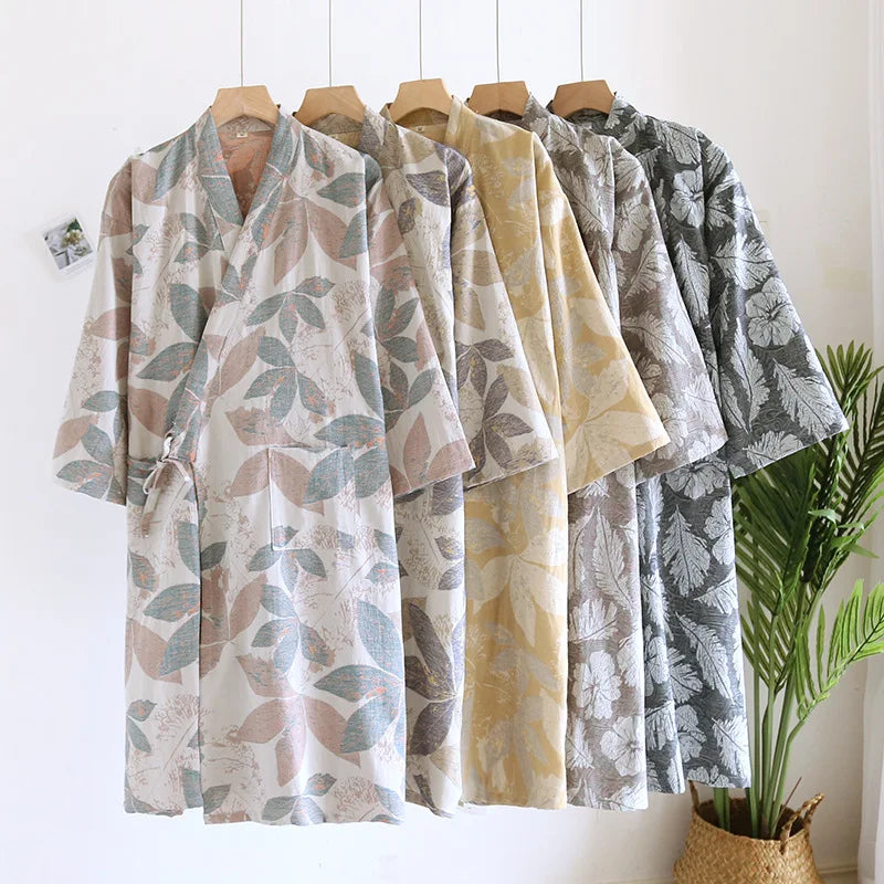 Peignoir en coton pour hommes, nouveau Style, couleur assortie, grande taille, vêtements de maison, pyjama Yukata, printemps et automne 2024