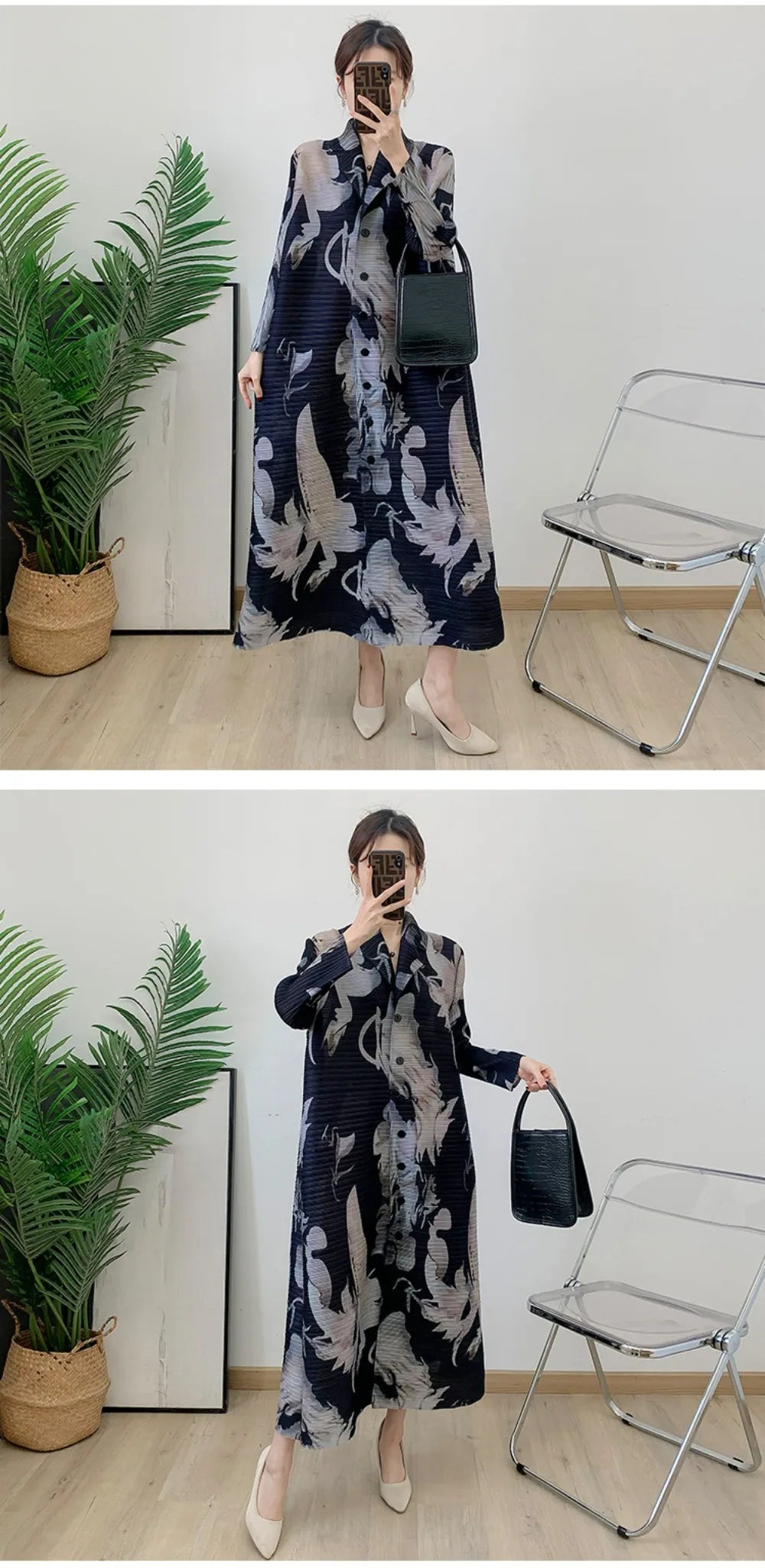 Robe imprimée à col en v pour maman, nouvelle mode d'âge moyen et âgée, manches sept-quarts, jupe plissée verte X, printemps 2025