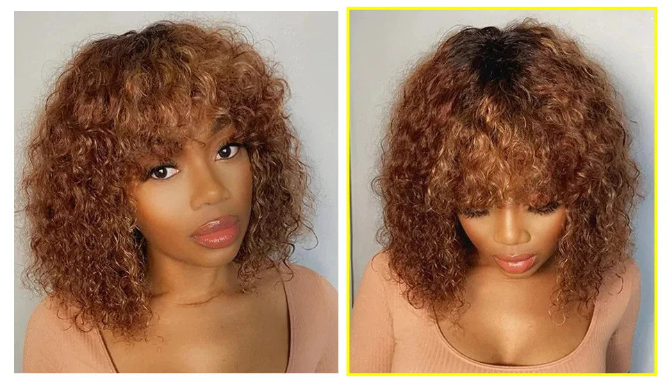 Perruques de cheveux humains Pixie Cut Bob avec frange pour femme, perruque pleine machine bouclée, surbrillance, couleur blond miel, court, caution
