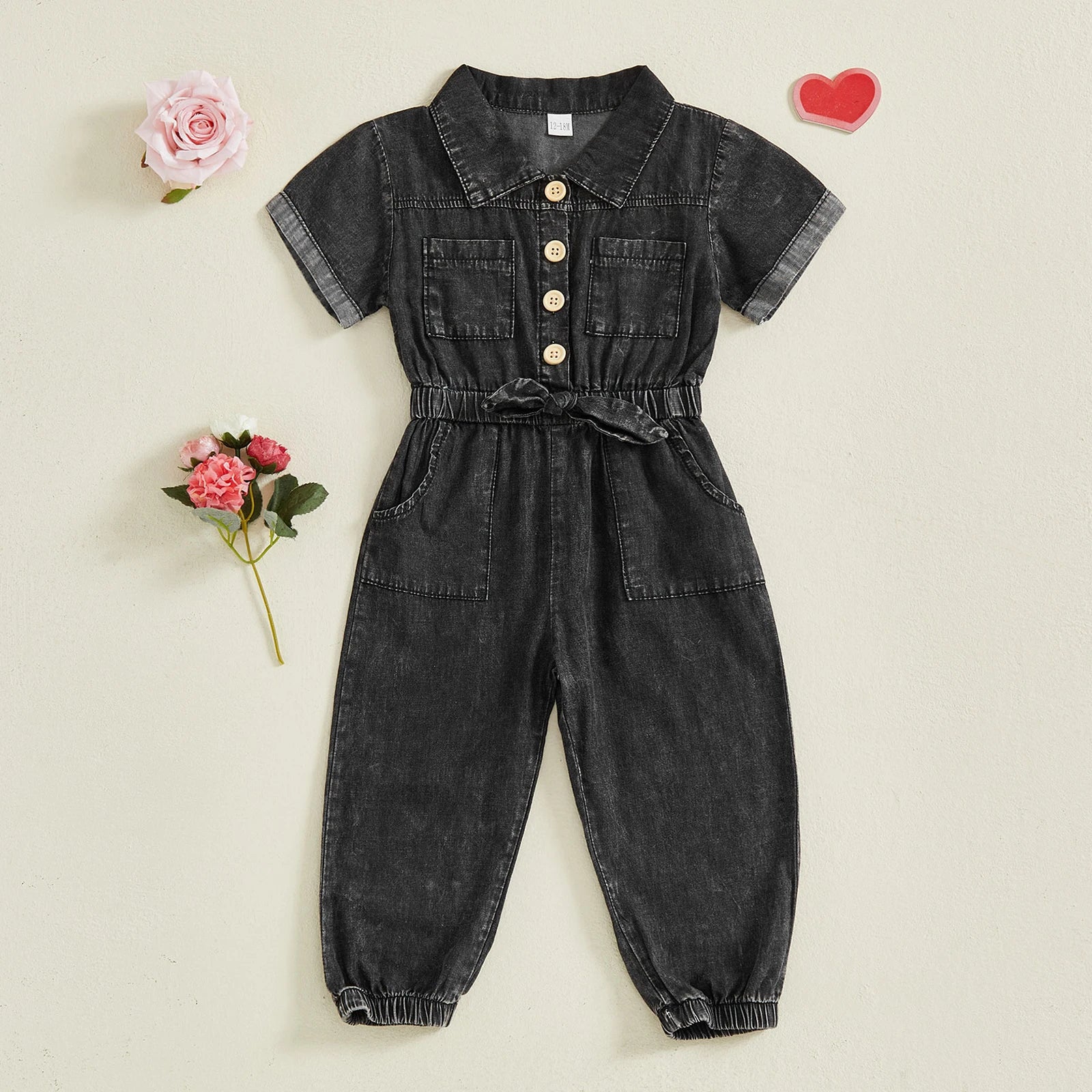 Barboteuse en jean pour petites filles, manches courtes, revers boutonné, combinaison pleine longueur avec poches