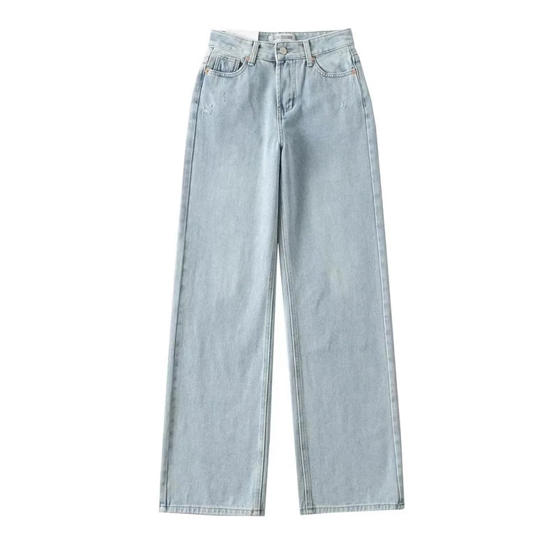 Jean bleu femmes taille haute 2025 ample décontracté petit ami jean Long pour le travail dames Simple jambe droite Denim pantalon pour les femmes