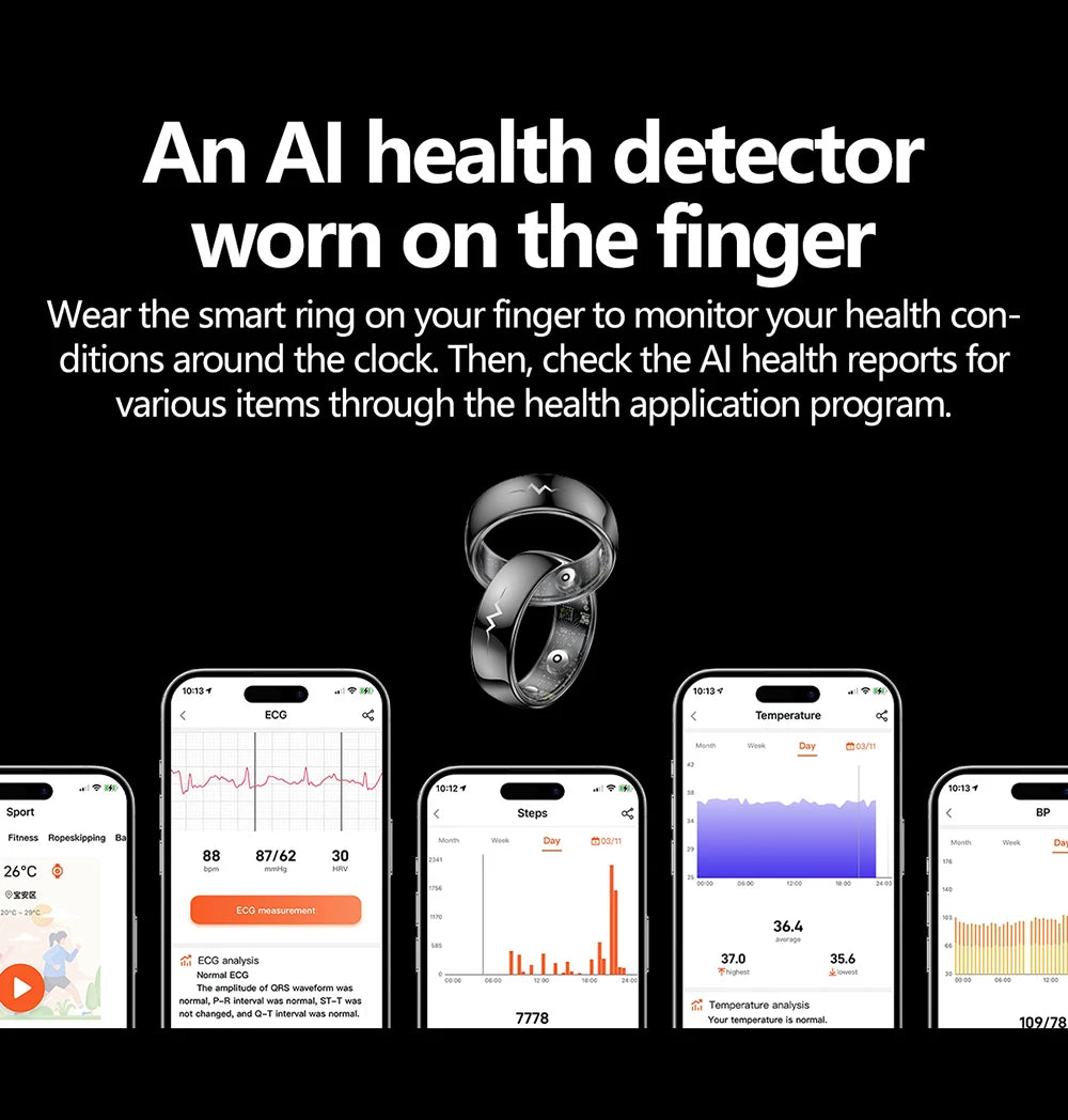 Haut de gamme ECG sang oxygène santé anneau intelligent fréquence cardiaque pression artérielle moniteur de sommeil anneaux 5ATM étanche plusieurs Modes de Sport