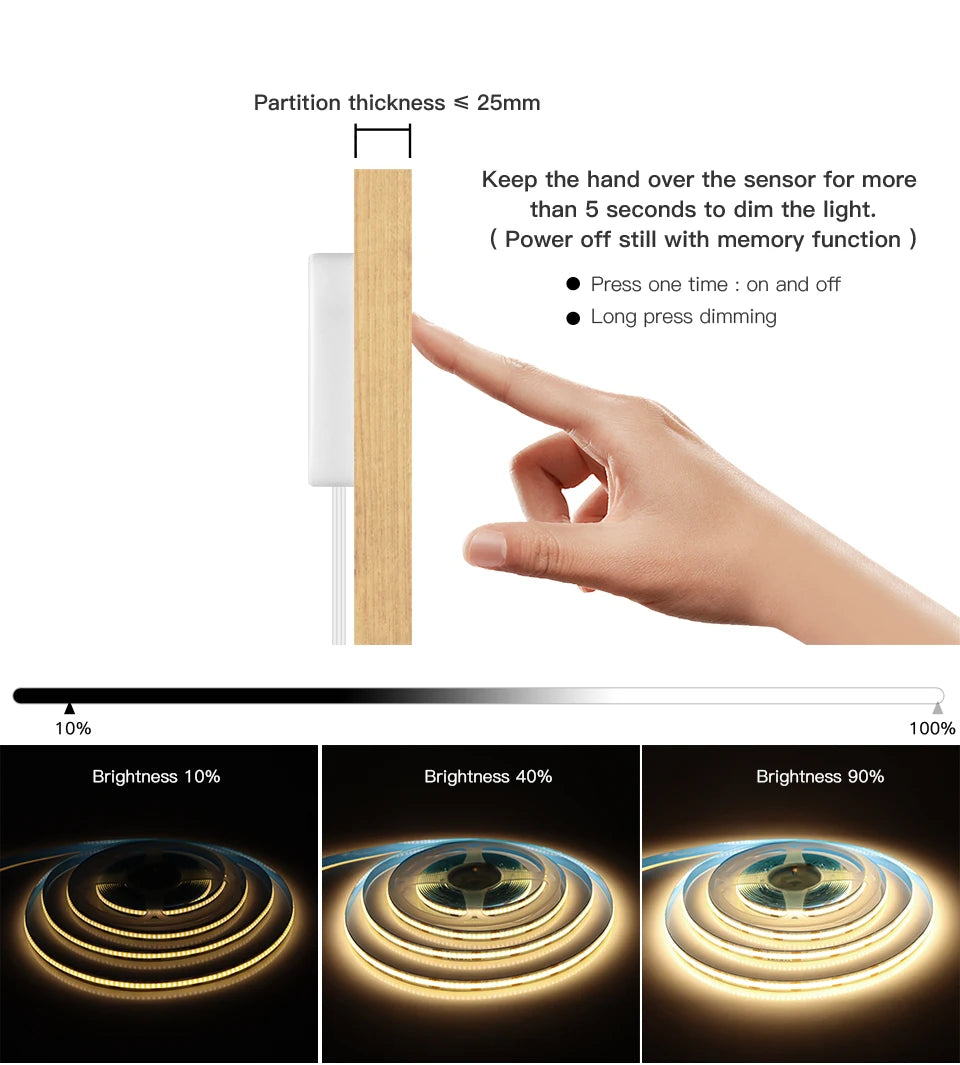 5V USB COB LED strip light, with manual scanning motion sensor and touch dimming switch, 1M-5M LED strip light, kitchen and bedroom lighting