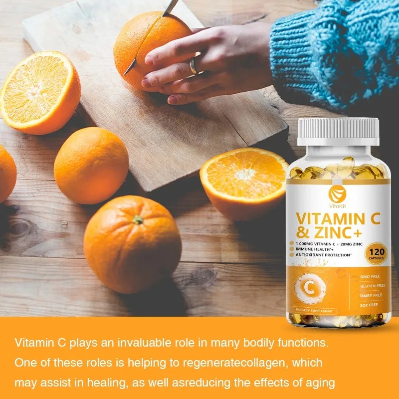 Vitamine C 1000 mg avec zinc 20 mg 120 gélules Supplément de diétérie vitamine |   Vegan sans OGM et sans gluten