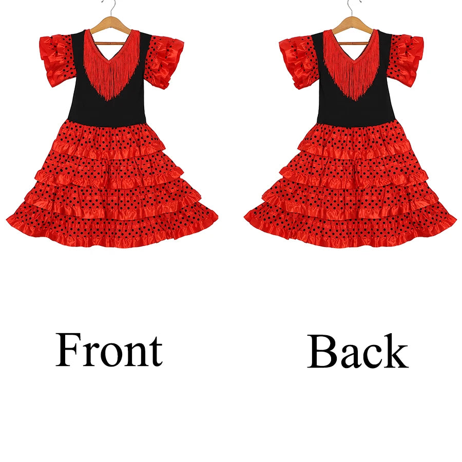 Robe de danse traditionnelle espagnole pour filles, robe de Festival à pois avec pompon, quatre couleurs, jupe classique de Style Flamengo gitane pour enfants