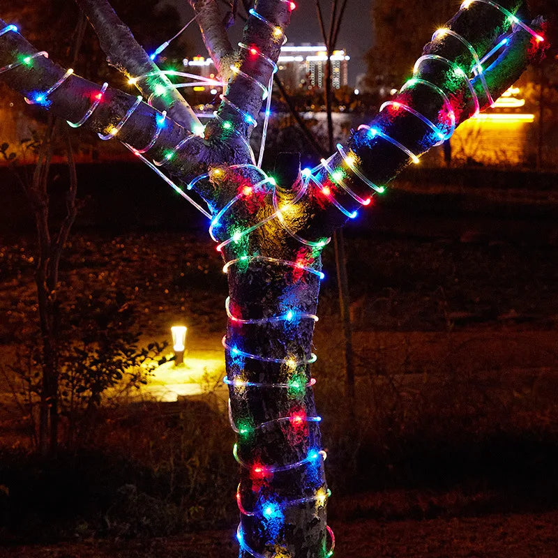 Solar string lights, outdoor tube rope lights, waterproof tube lights for outdoor home, garden, parties, and decorations. LED outdoor lights.