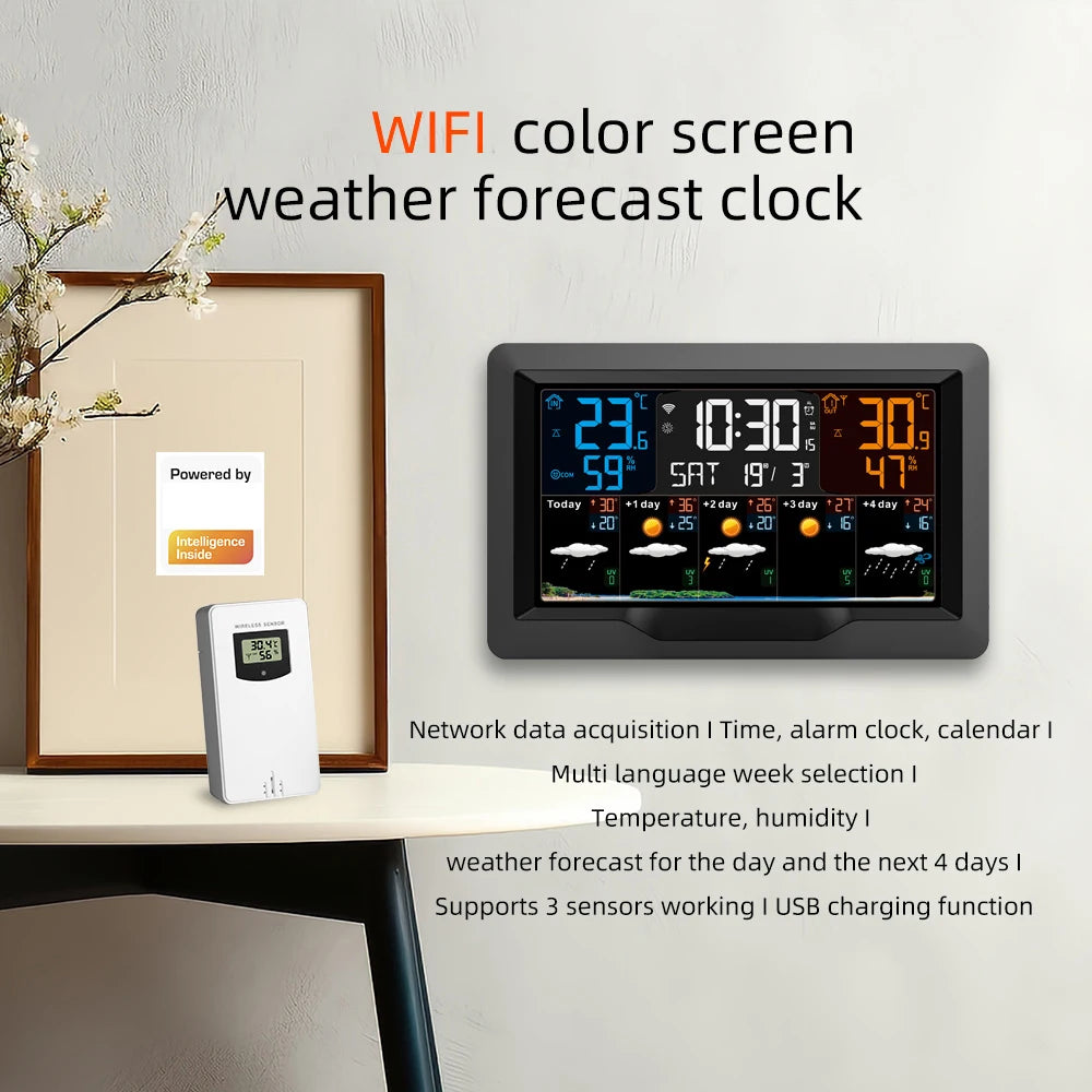 Tuya – Station météo intelligente WIFI, compteur de température et d'humidité, prévisions météorologiques, réveil météo multifonctionnel pour intérieur et extérieur