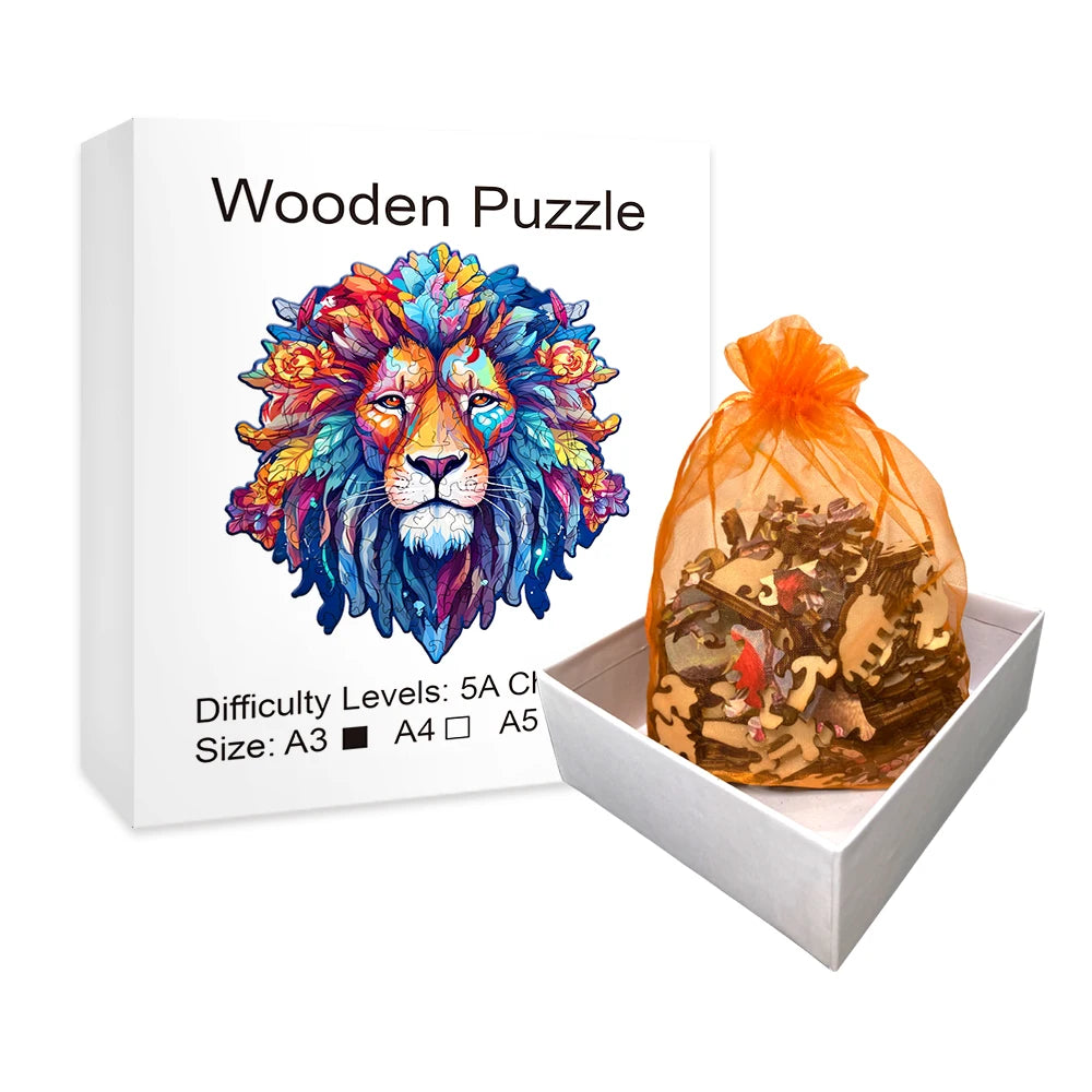 Visage de lion - Puzzle en bois - Forme irrégulière - Fait main - Cadeau parfait pour les enfants, les adultes et les amateurs de puzzle